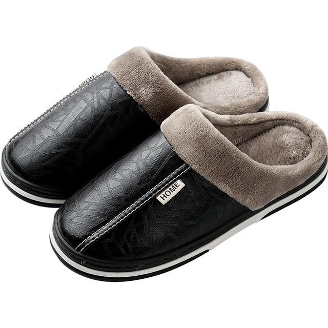 Men shoes winter warm slippers indoor slippers plus size 48 solid pu leather shoes waterproof male adult slippers DB016